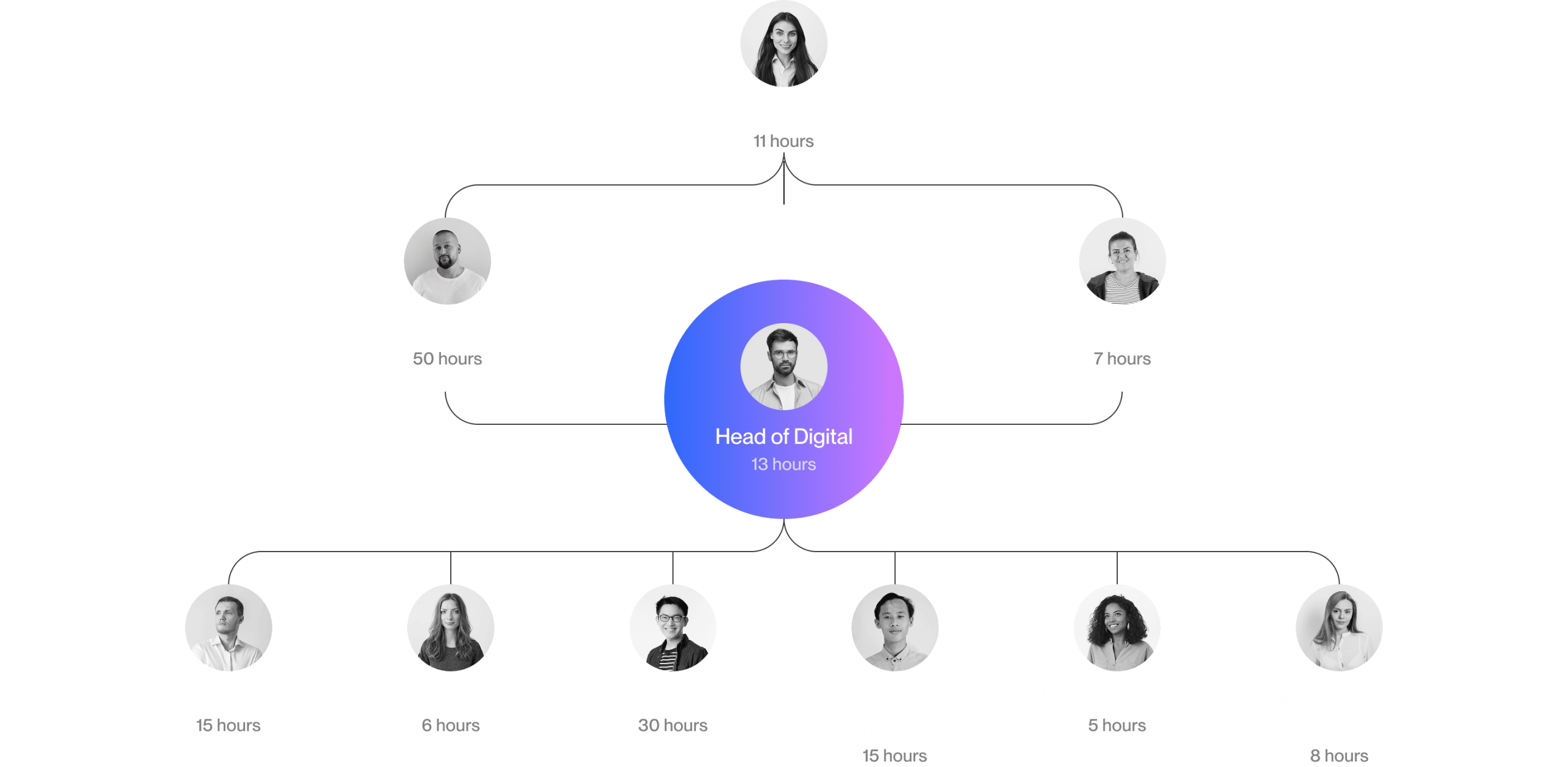 JMO Marketing team organizational structure showing Project Director, Head of Digital, Project Manager, Digital Strategist, and specialist roles with allocated hours